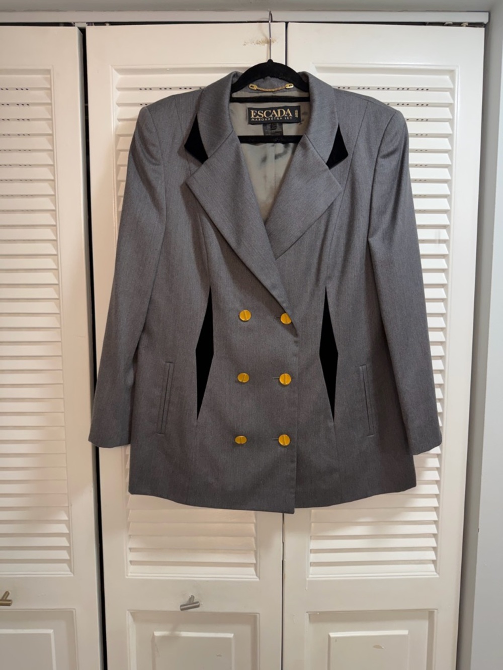 Escada MARGARETHA LEY  Double-Breasted Gray Blazer with Black Velvet Accents.
